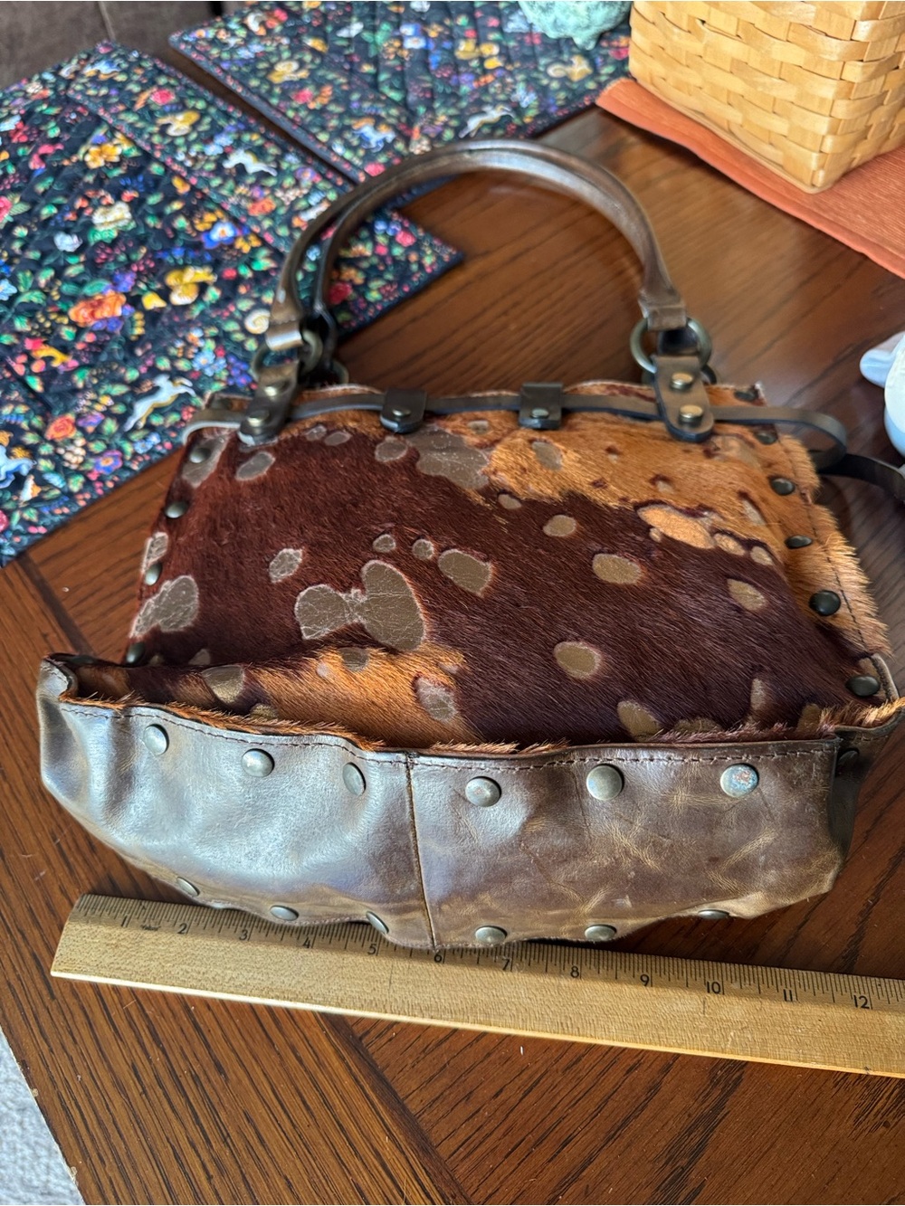 MAURIZIO TAIUTI Bag Calfskin with Hair Italian Leather Metallic Spots Purse Tote - Picture 5 of 9
